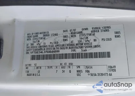 2007 Ford E-350 Super Duty Commercial/Recreational из США, поврежденный, VIN 1FTSE34L37DB44886